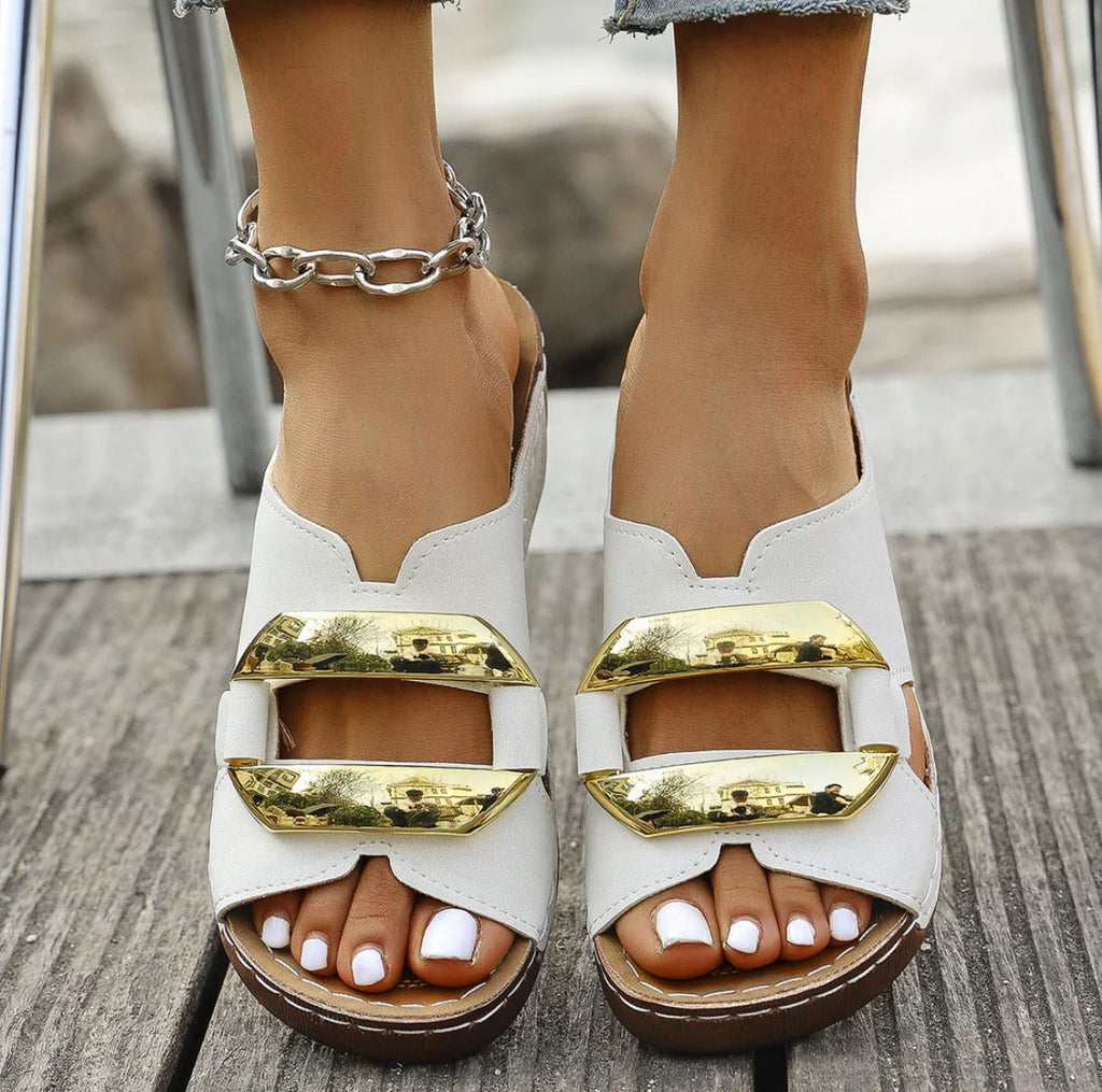 Women's Orthopedic Sandals with Wide Toe, Metal Buckle and Embellishment
