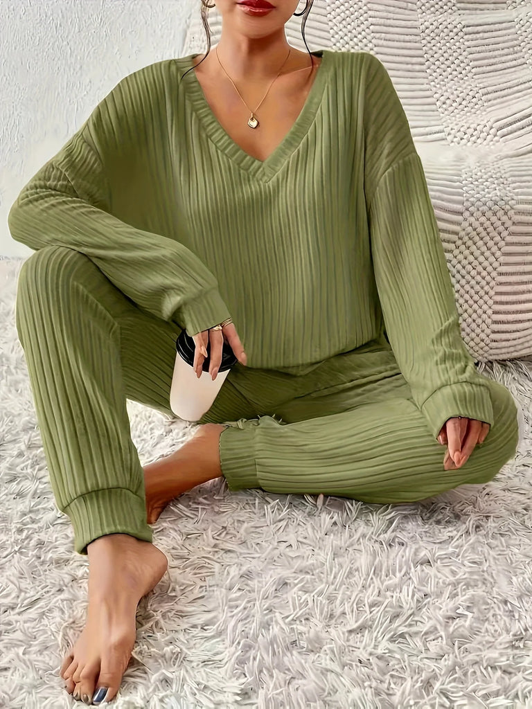Women’s Soft Ribbed V-Neck Jogger Lounge Set