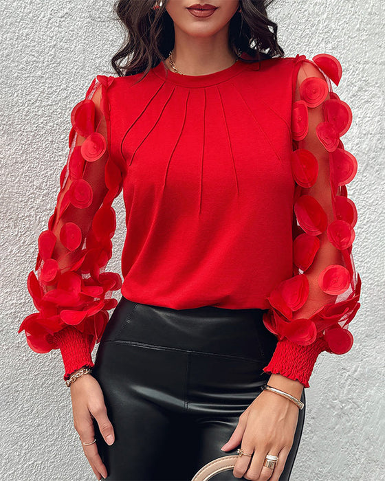 Women’s Floral Mesh Sleeve Pleated Blouse