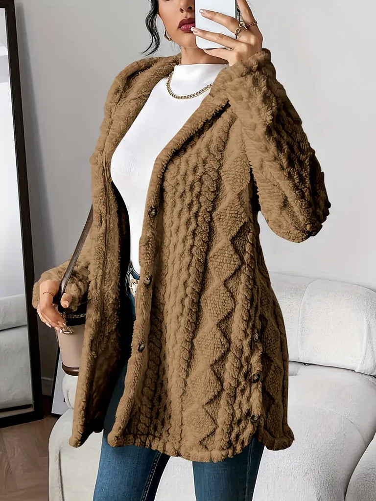 Plush Diamond-Pattern Hooded Cardigan