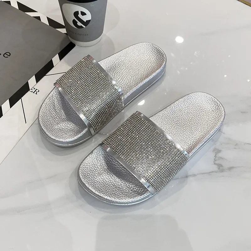 Women’s Rhinestone Patent-Effect Thick-Soled Slide Slippers