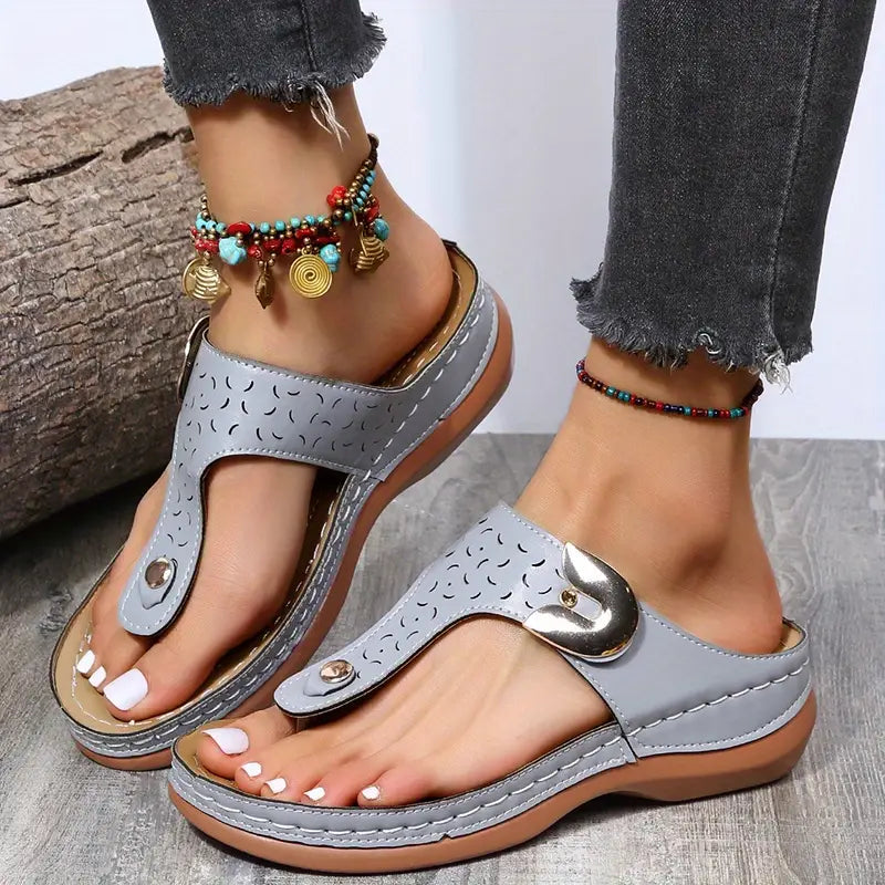 Women’s T-Strap Buckle Sandals – Comfortable Mid-Heel Slip-On
