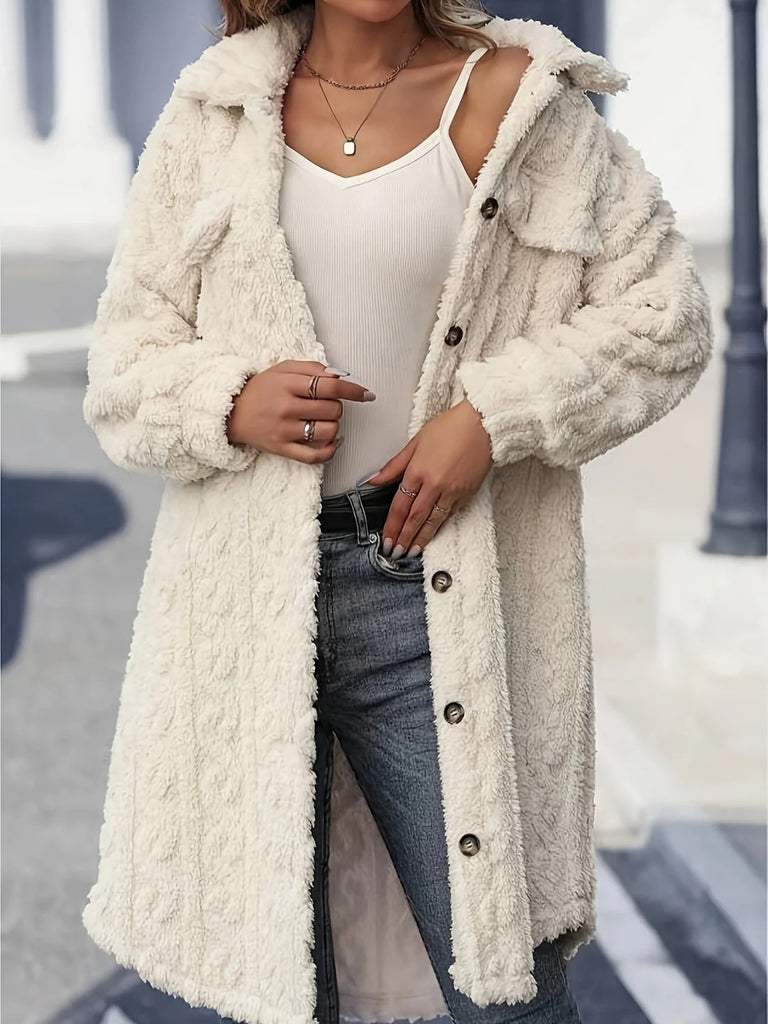 Women’s Longline Fuzzy Faux-Fur Button-Up Coat