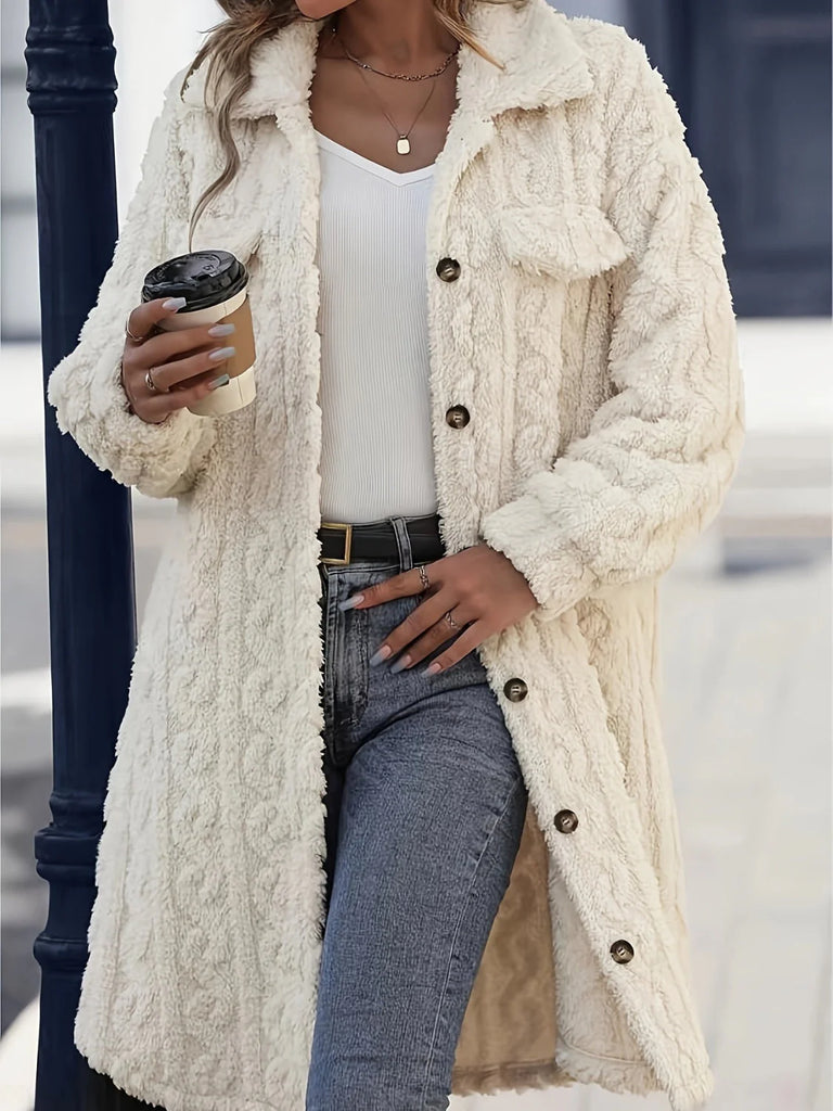 Women’s Longline Fuzzy Faux-Fur Button-Up Coat