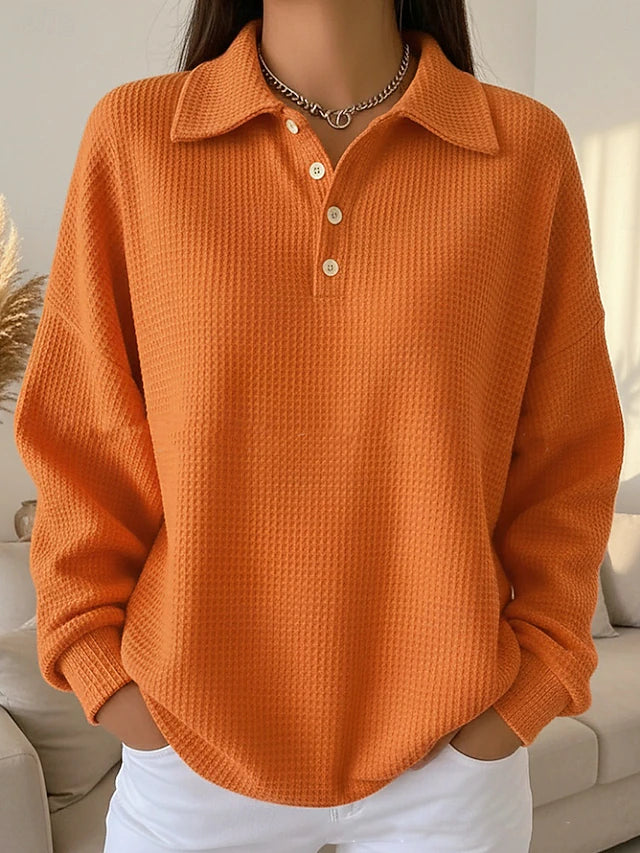Women’s Casual Waffle-Knit Polo-Button Over-Hip Sweatshirt