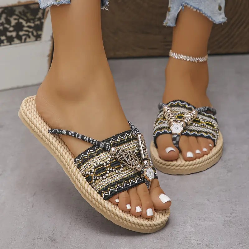 🌸 Boho Ethnic Beaded Strap Flat Sandals