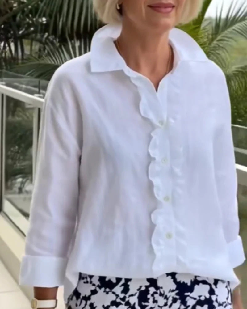Chemisier uni à col volanté et manches longues pour femme