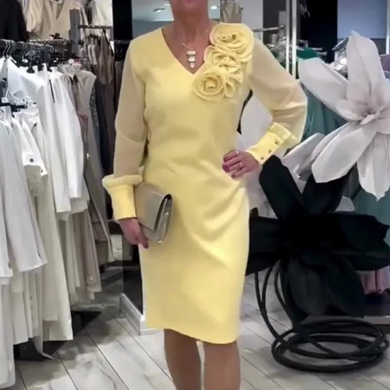 Women’s 3D Floral Sheer Sleeve V-Neck Maxi Dress