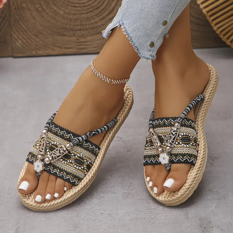 🌸 Boho Ethnic Beaded Strap Flat Sandals