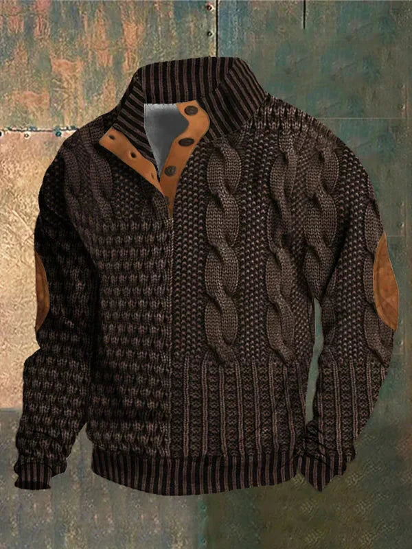 Men’s Button Collar Patchwork Cable Knit Jumper