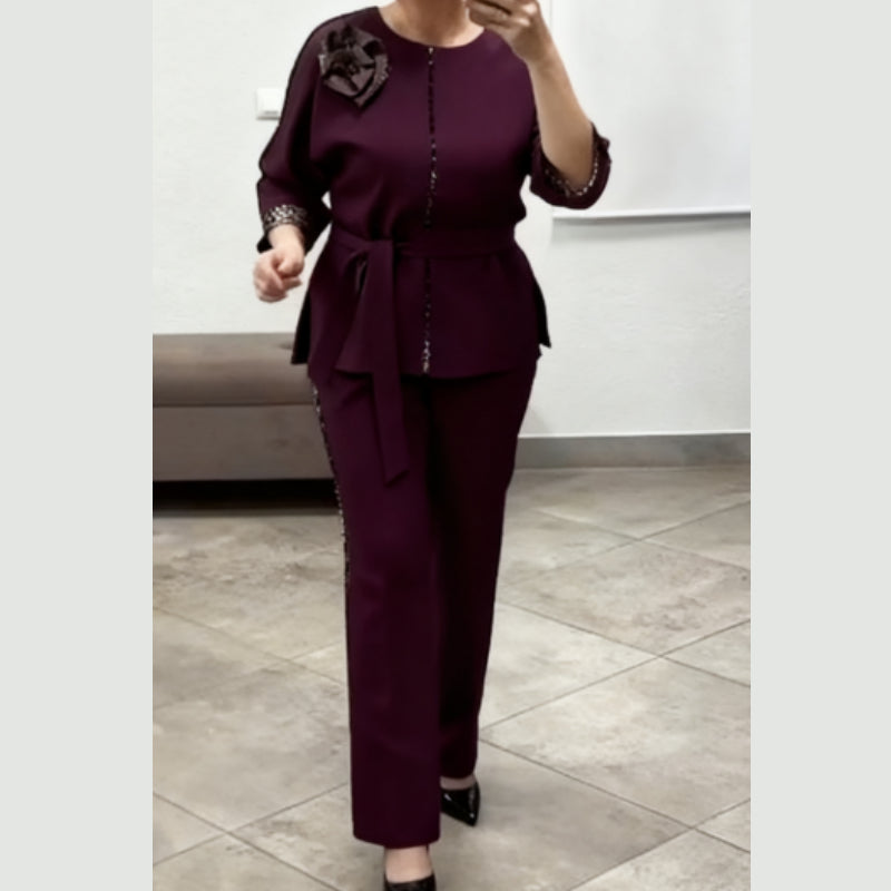 Women’s Leopard-Trim Belted Wide-Leg Suit Set