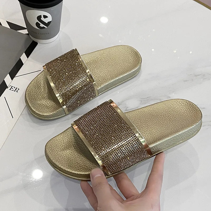 Women’s Rhinestone Patent-Effect Thick-Soled Slide Slippers
