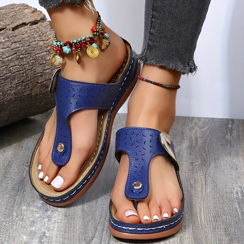 Women’s T-Strap Buckle Sandals – Comfortable Mid-Heel Slip-On