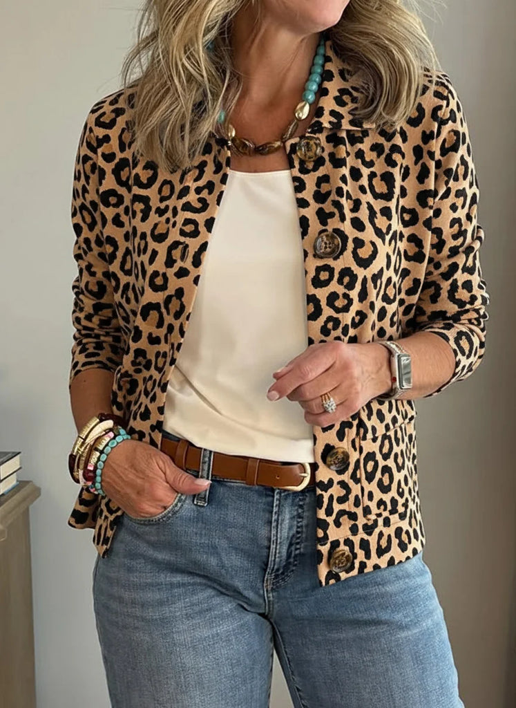 Women's Casual Lapel Leopard Print Pocket Jacket