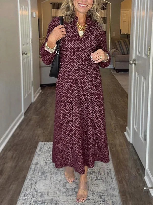 Women's V Neck Vintage Printed Maxi Dress