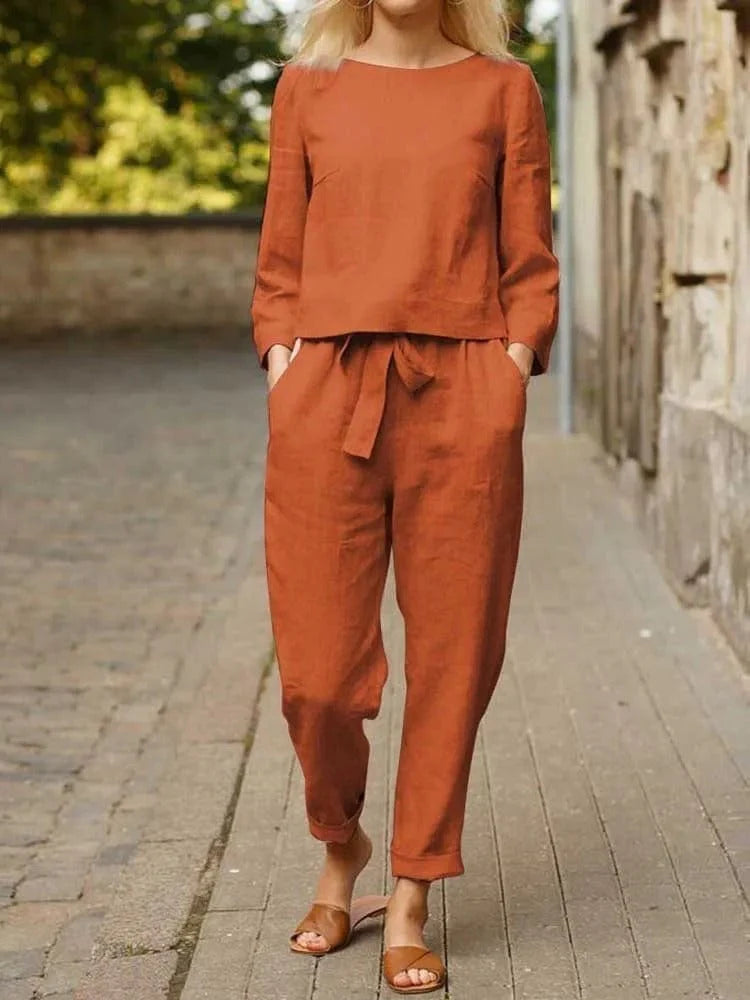 Women’s Linen-Cotton Two-Piece Set – Blouse & Trousers