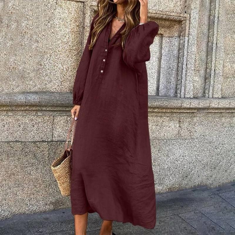 New cotton and linen solid color long sleeve V-neck dress
