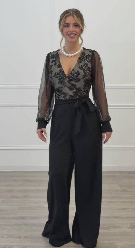 Women’s Sequin-Embellished Long Sleeve Mesh Jumpsuit