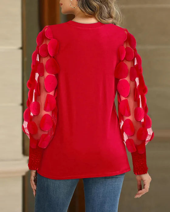 Women’s Floral Mesh Sleeve Pleated Blouse