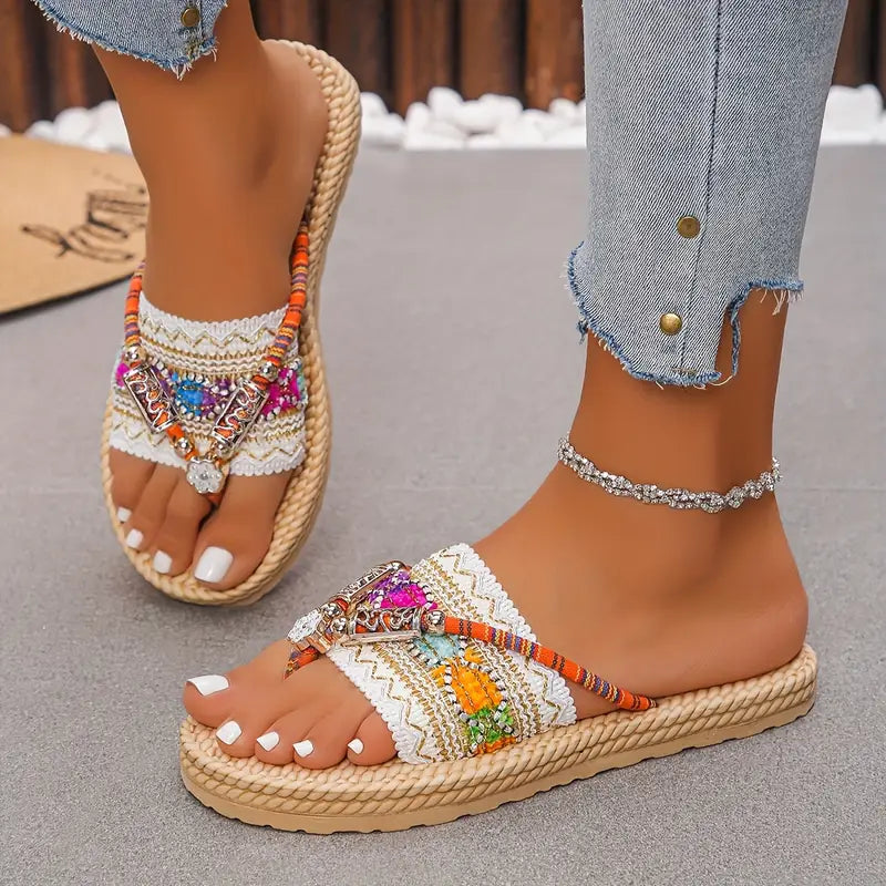 🌸 Boho Ethnic Beaded Strap Flat Sandals