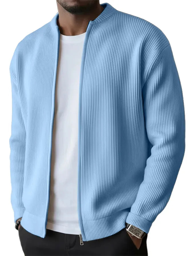 Men’s Ribbed Stand Collar Waffle Knit Button-Up Cardigan Jacket
