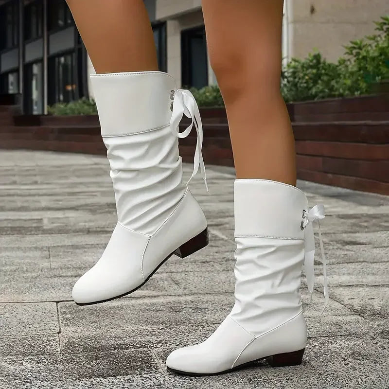 Women's Fashion Lace Up Chunky Heel Mid Calf Boots