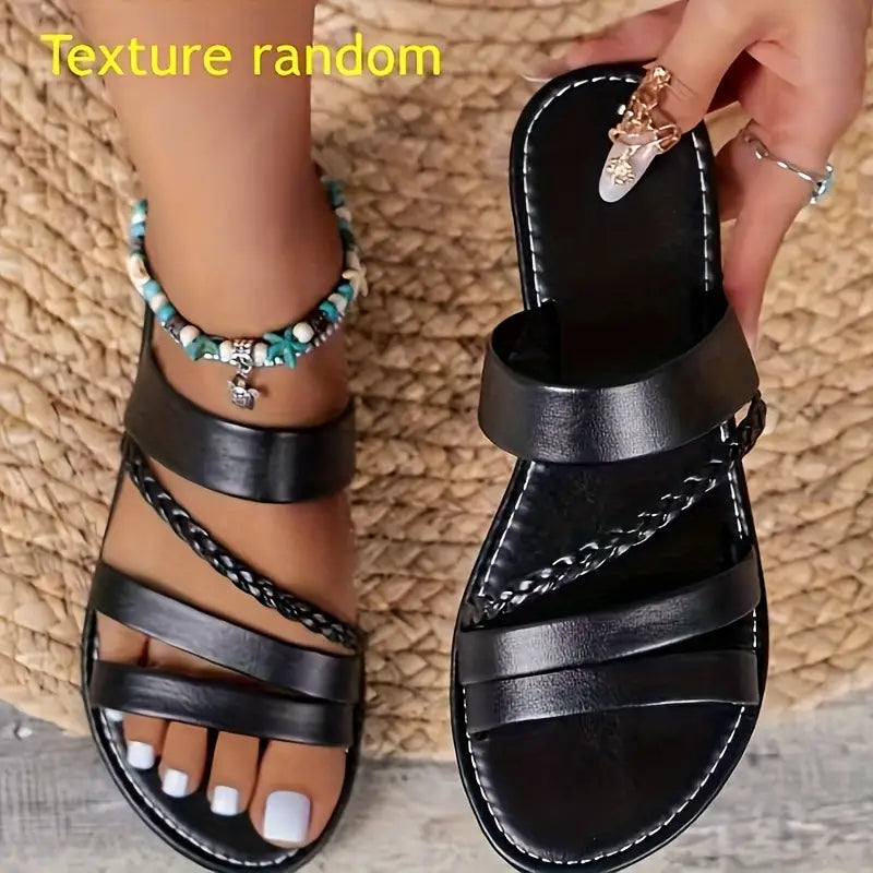 Women's Braided Flat Slide Sandals, Non-Slip Faux Leather, Casual Beach Slides