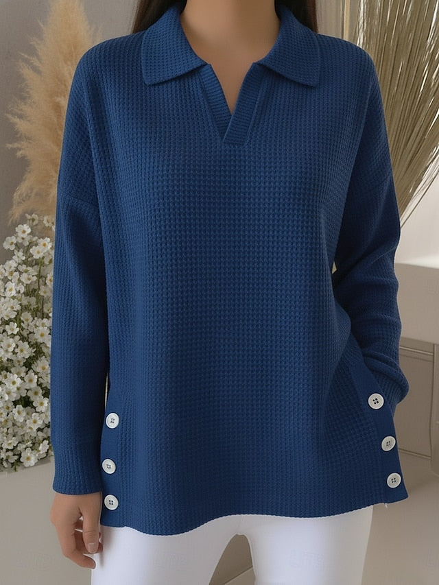 Women’s Waffle-Knit Polo Neck Side-Slit Longline Pullover