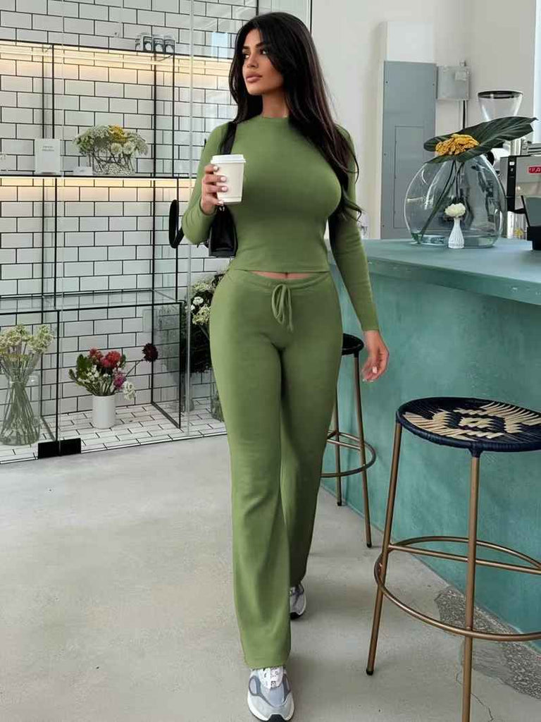 Women’s Long-Sleeve Lounge Top and Drawstring Flared Trousers Set