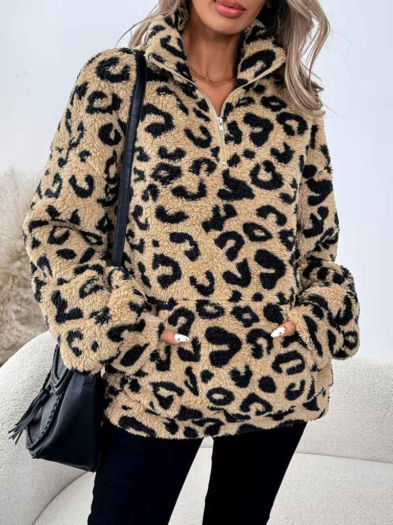 Women’s Leopard Print Half-Zip Fleece-Lined Sweatshirt with Pockets