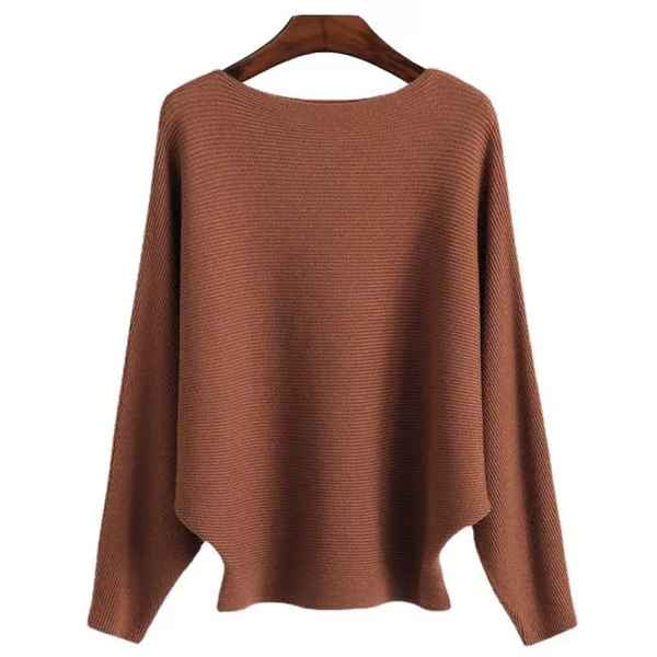 Pull tunique oversize à col bateau et manches chauve-souris en maille cÎtelée pour femme