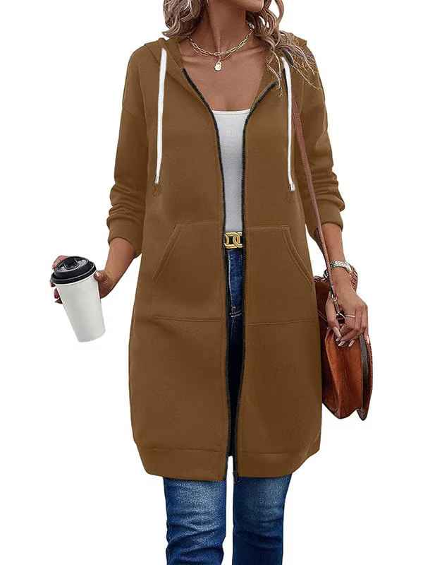 Women’s Knee-Length Zip-Up Hooded Tunic Hoodie with Pockets