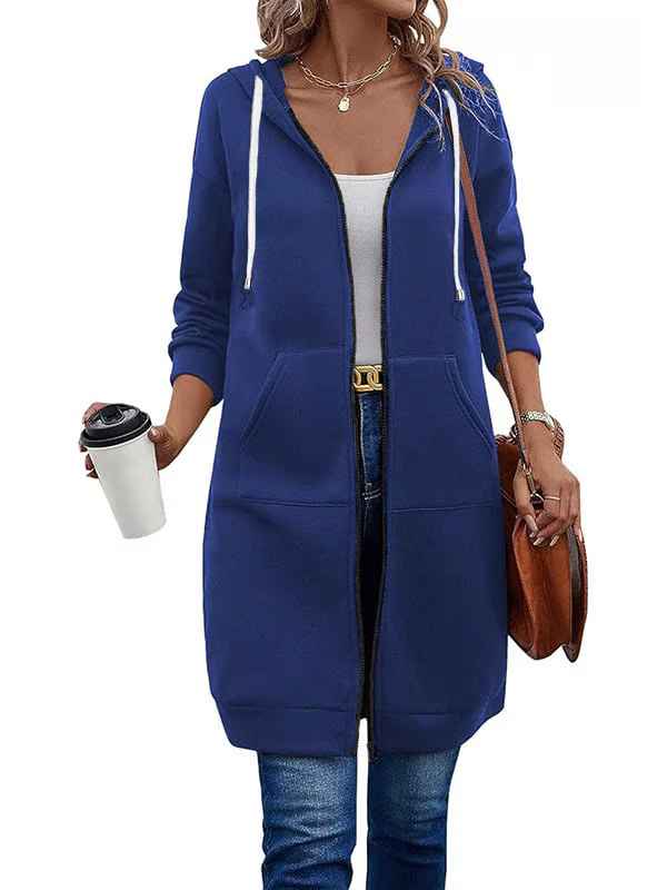 Women’s Knee-Length Zip-Up Hooded Tunic Hoodie with Pockets