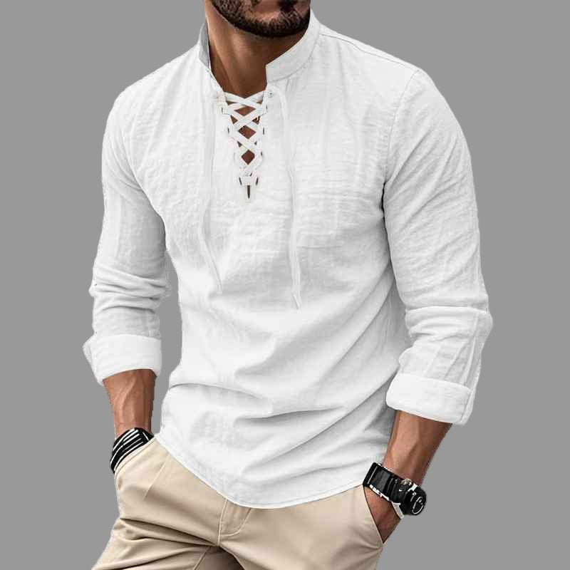 Men’s Linen Stand-Collar Long-Sleeve Polo Shirt