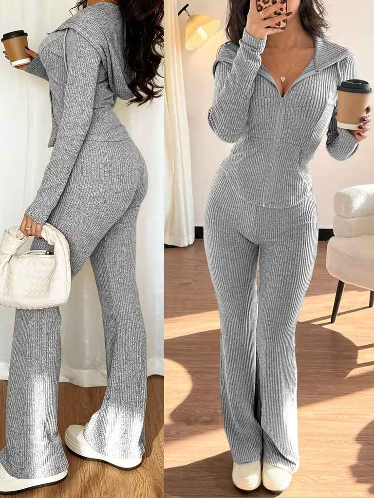 Women’s Rib-Knit Hooded Zip Top and Flared Trousers Set