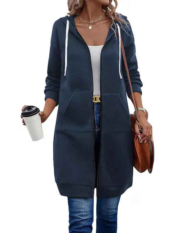 Women’s Knee-Length Zip-Up Hooded Tunic Hoodie with Pockets