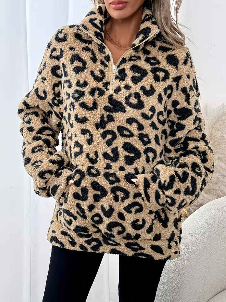 Women’s Leopard Print Half-Zip Fleece-Lined Sweatshirt with Pockets