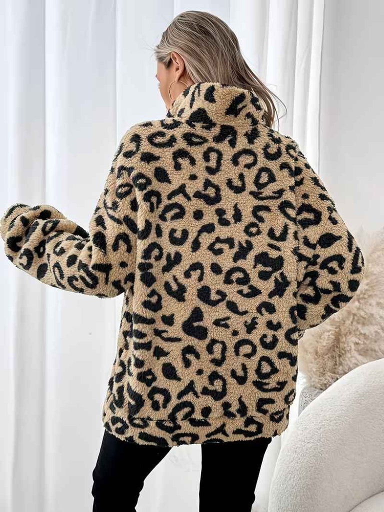 Women’s Leopard Print Half-Zip Fleece-Lined Sweatshirt with Pockets