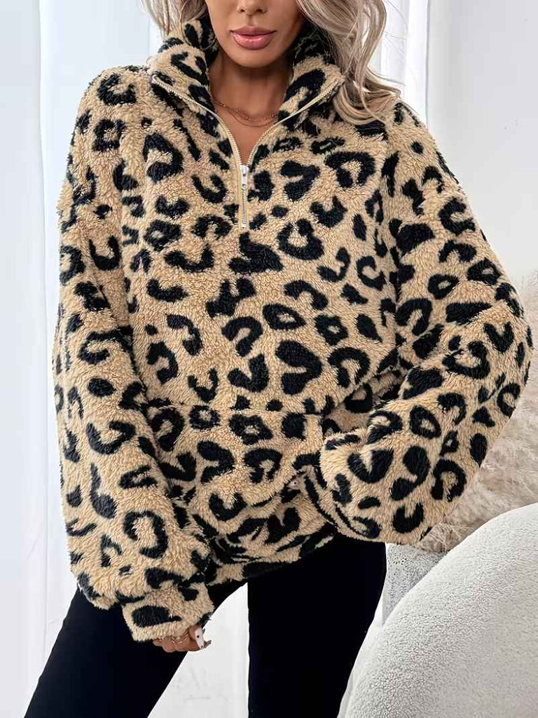Women’s Leopard Print Half-Zip Fleece-Lined Sweatshirt with Pockets