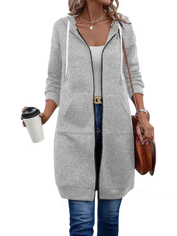 Women’s Knee-Length Zip-Up Hooded Tunic Hoodie with Pockets