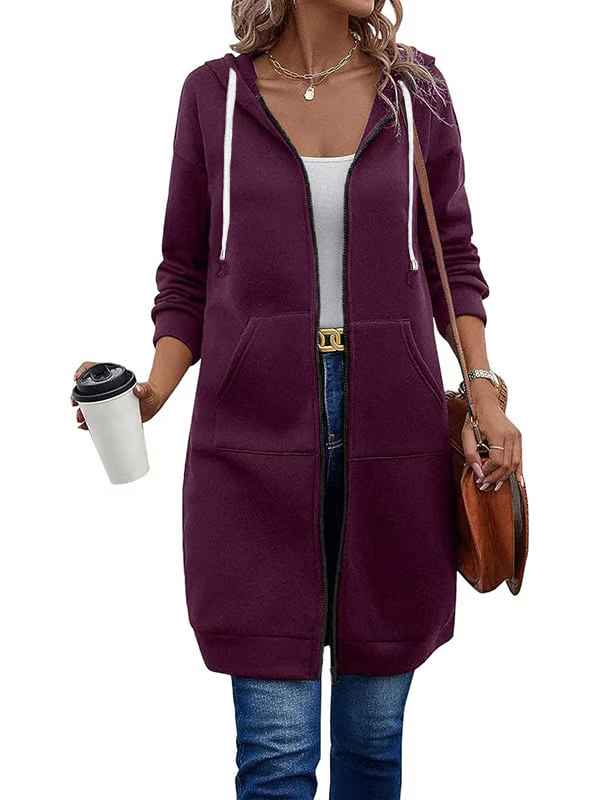 Women’s Knee-Length Zip-Up Hooded Tunic Hoodie with Pockets