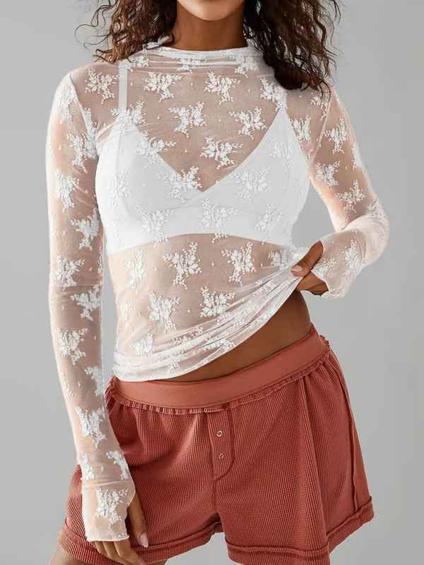 Floral Lace Sheer Mock-Neck Thumb-Hole Top