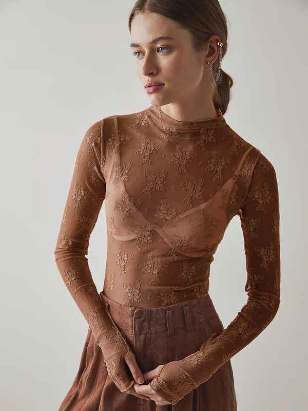 Floral Lace Sheer Mock-Neck Thumb-Hole Top