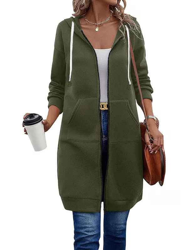 Women’s Knee-Length Zip-Up Hooded Tunic Hoodie with Pockets