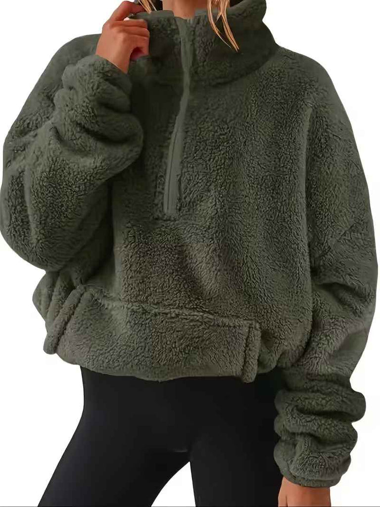 Women’s Warm Plush Zip-Front Pocket Knit Pullover Sweater