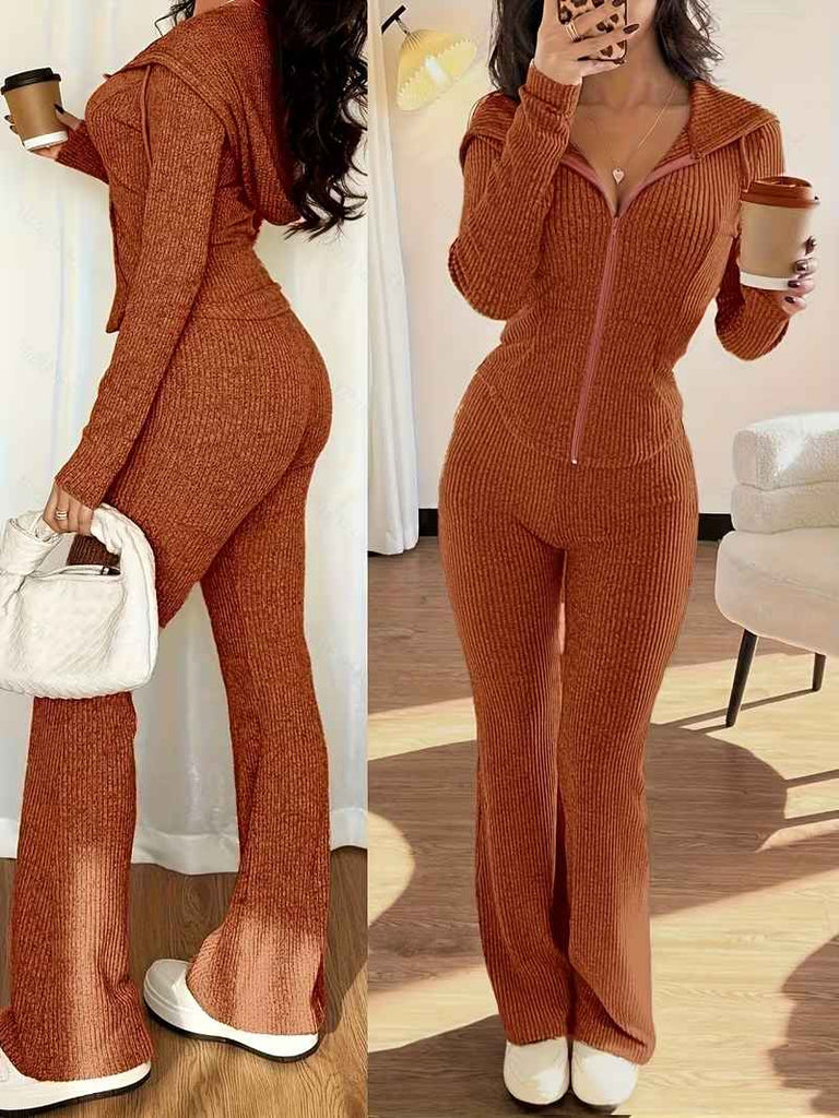 Women’s Rib-Knit Hooded Zip Top and Flared Trousers Set