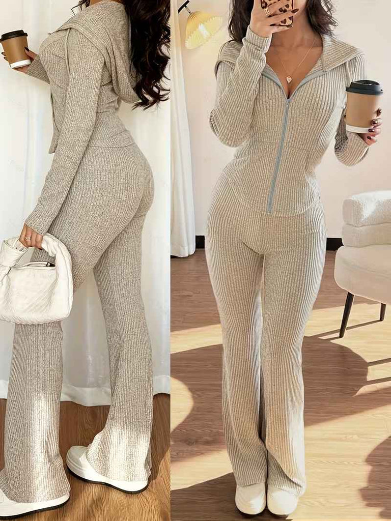 Women’s Rib-Knit Hooded Zip Top and Flared Trousers Set