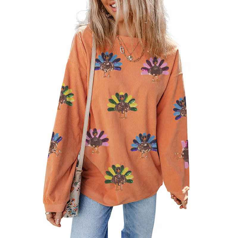 Women’s Sequin Turkey Graphic Corded Oversized Thanksgiving Sweatshirt