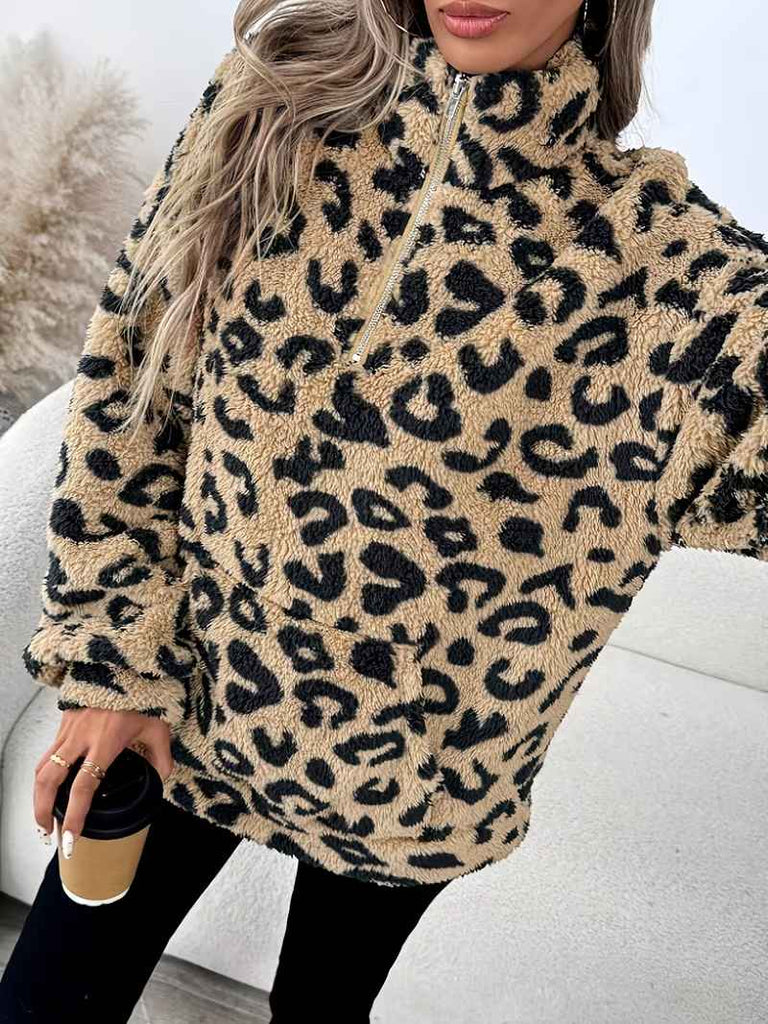 Women’s Leopard Print Half-Zip Fleece-Lined Sweatshirt with Pockets