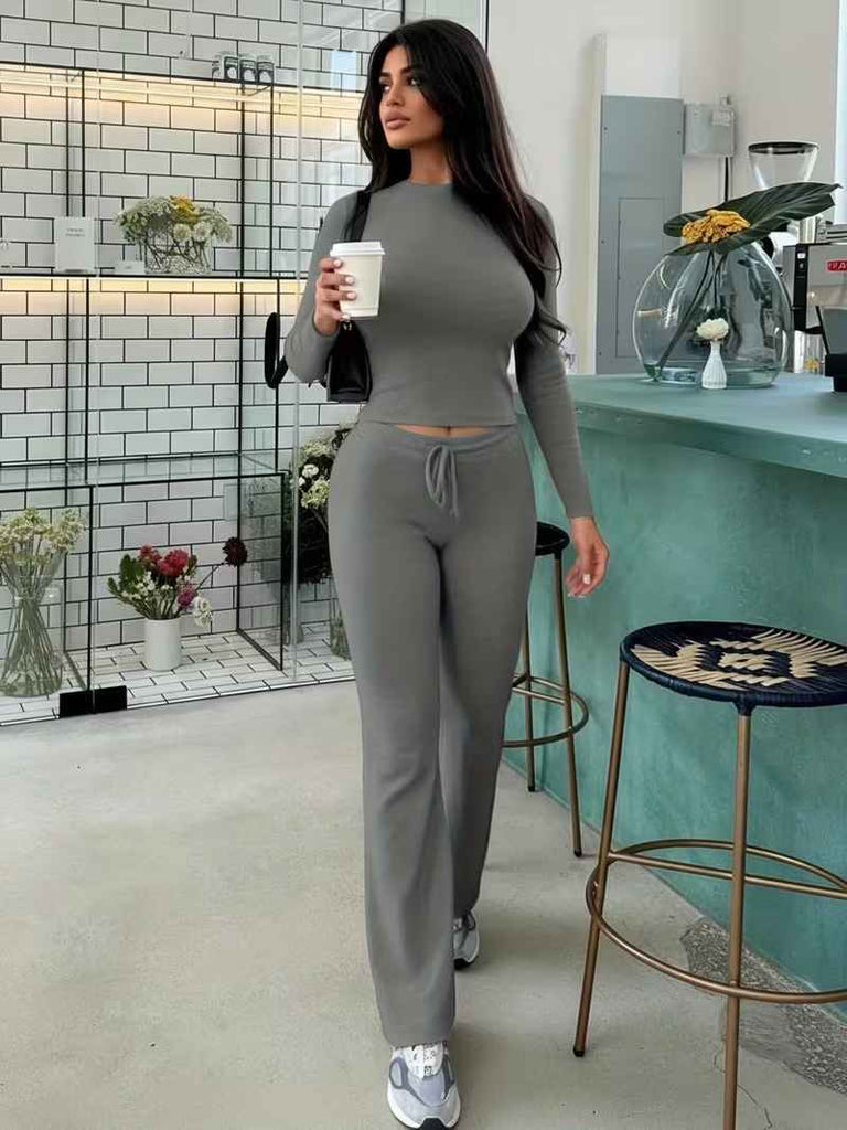 Women’s Long-Sleeve Lounge Top and Drawstring Flared Trousers Set